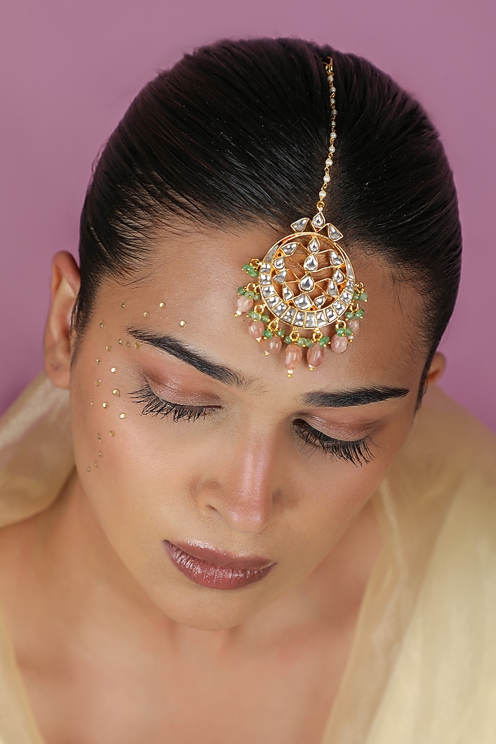 Gold Plated Pastel Pink Beaded Maangtikka by Riana Jewellery at Pernia's Pop Up Shop