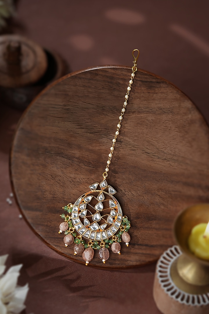 Gold Plated Pastel Pink Beaded Maangtikka by Riana Jewellery at Pernia's Pop Up Shop