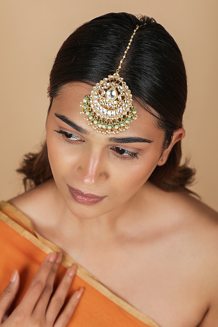 Gold Plated Pearl Jadau Maangtikka by Riana Jewellery at Pernia's Pop Up Shop
