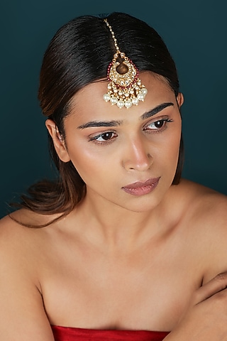 Gold Plated Pink Pearl jadtar Beaded Maangtikka by Riana Jewellery