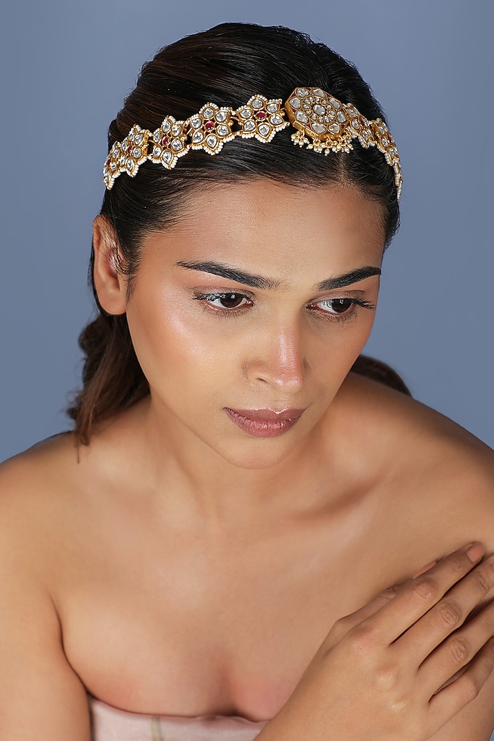 Gold Plated Ruby Pink & White Jadtar Stone Hairband by Riana Jewellery at Pernia's Pop Up Shop