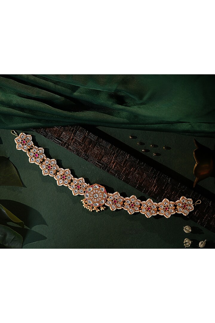 Gold Plated Ruby Pink & White Jadtar Stone Hairband by Riana Jewellery at Pernia's Pop Up Shop