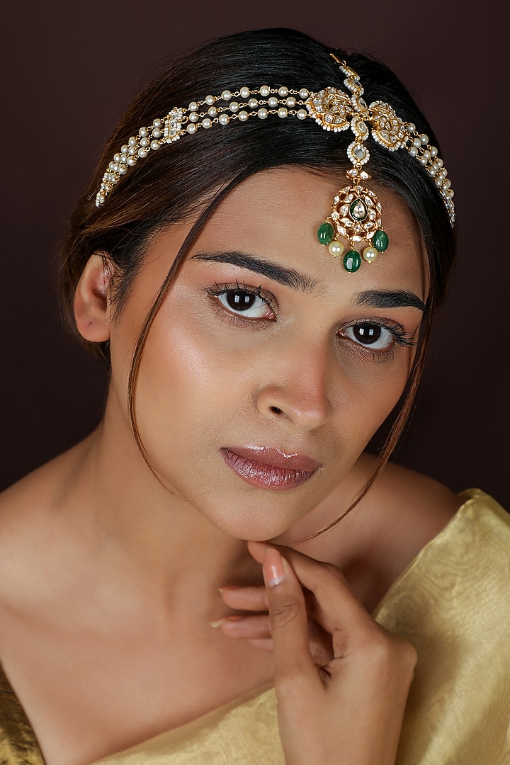 Gold Plated Green & White Jatar Stone Mathapatti by Riana Jewellery at Pernia's Pop Up Shop