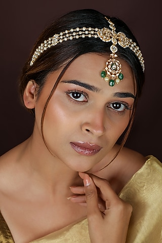 Gold Plated Green & White Jatar Stone Mathapatti by Riana Jewellery