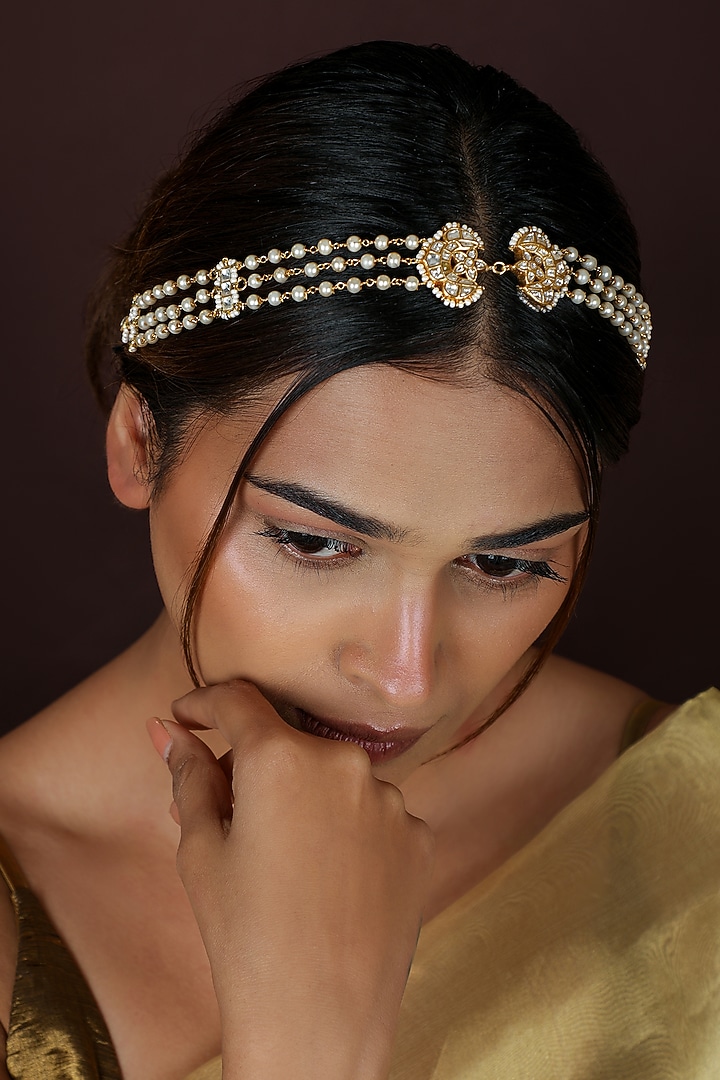 Gold Plated Moissanite Polki & Pearl Hairband by Riana Jewellery at Pernia's Pop Up Shop