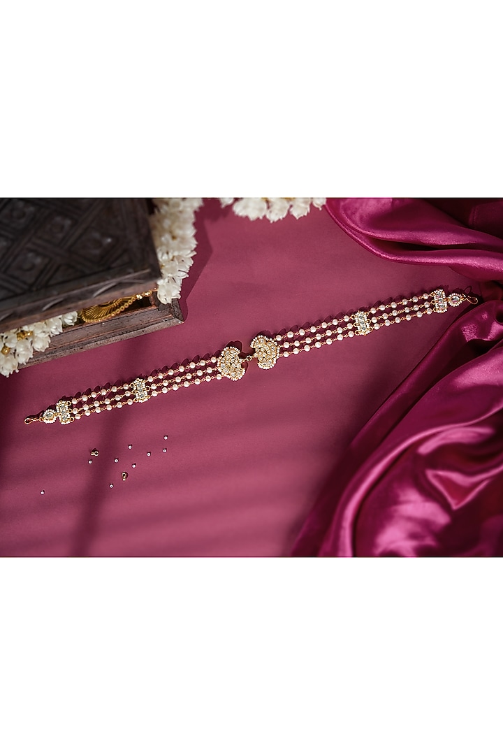 Gold Plated Moissanite Polki & Pearl Hairband by Riana Jewellery at Pernia's Pop Up Shop