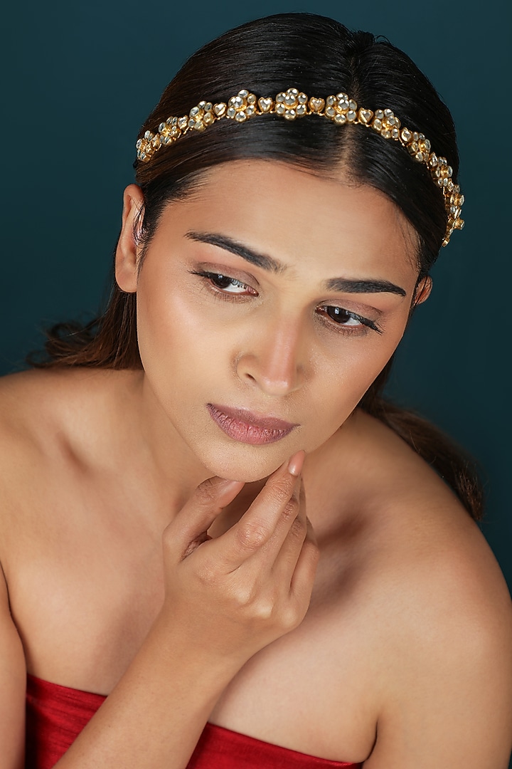 Gold Plated Pachi Kundan Stone Hairband by Riana Jewellery at Pernia's Pop Up Shop