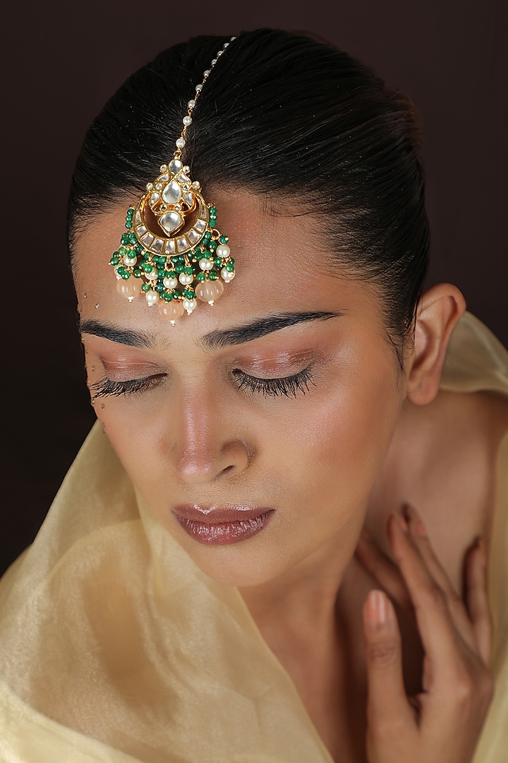 Gold Plated Green Jadtar Stone & Pearl Maangtikka by Riana Jewellery at Pernia's Pop Up Shop