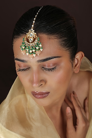 Gold Plated Green Jadtar Stone & Pearl Maangtikka by Riana Jewellery