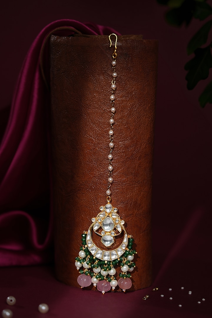 Gold Plated Green Jadtar Stone & Pearl Maangtikka by Riana Jewellery at Pernia's Pop Up Shop