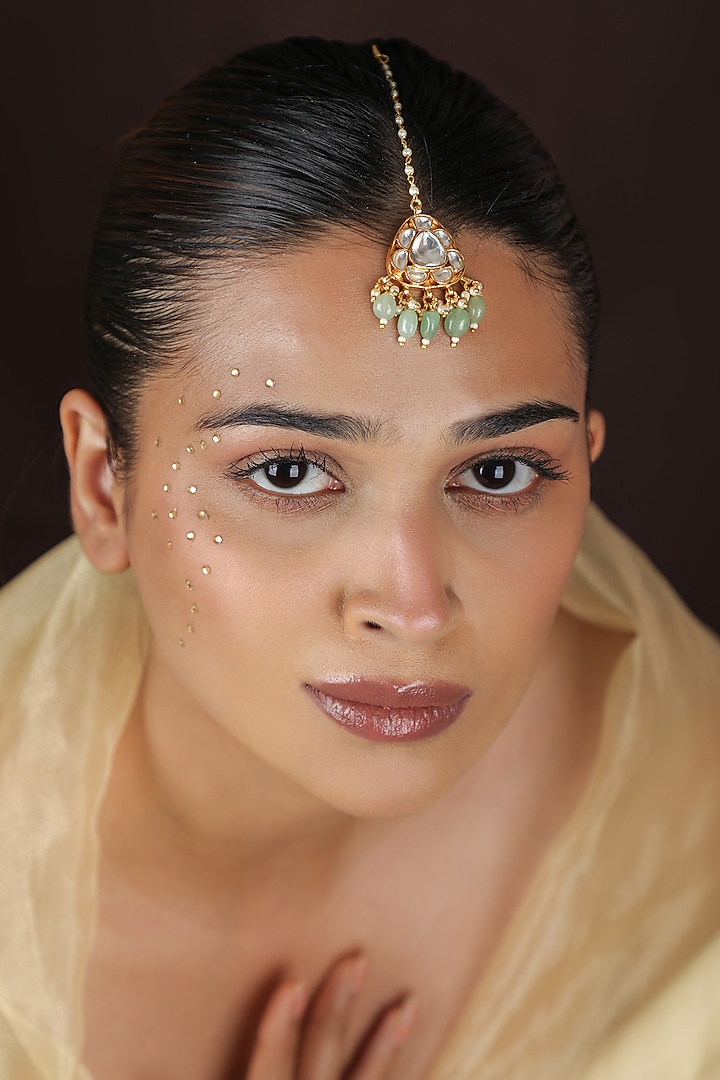 Gold Plated Kundan Polki & Mint Beaded Handcrafted Maangtikka by Riana Jewellery at Pernia's Pop Up Shop