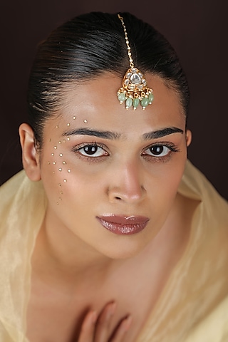 Gold Plated Kundan Polki & Mint Beaded Handcrafted Maangtikka by Riana Jewellery