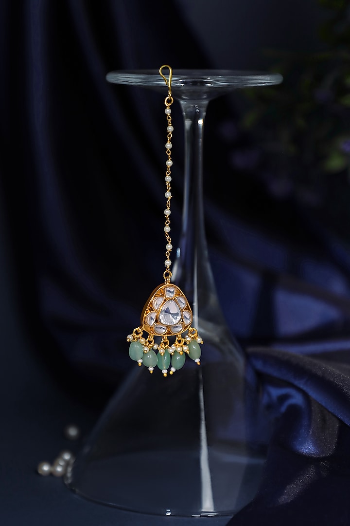 Gold Plated Kundan Polki & Mint Beaded Handcrafted Maangtikka by Riana Jewellery at Pernia's Pop Up Shop