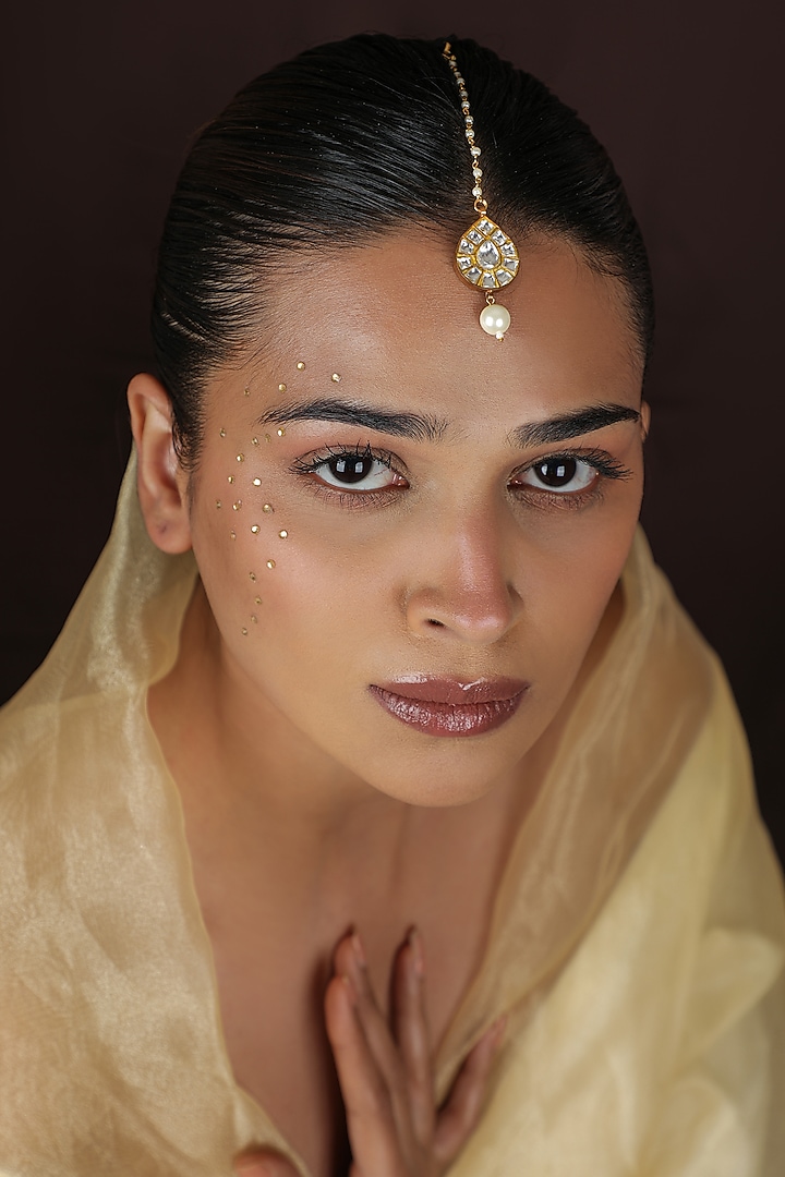 Gold Plated Jadtar Stone & Pearl Maangtikka by Riana Jewellery at Pernia's Pop Up Shop