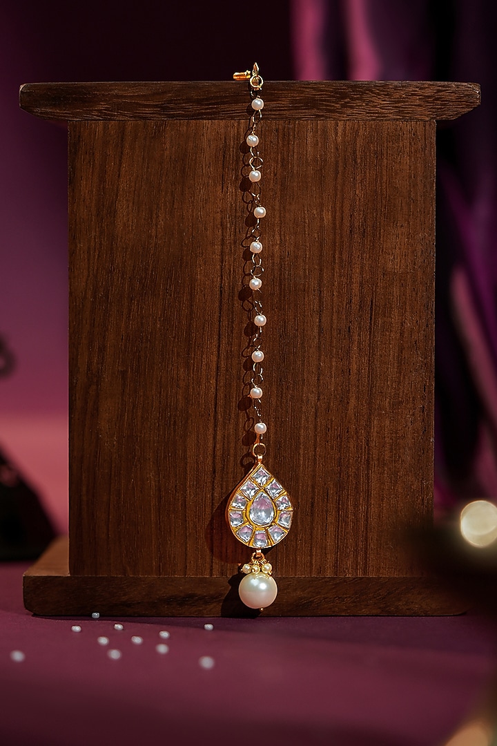 Gold Plated Jadtar Stone & Pearl Maangtikka by Riana Jewellery at Pernia's Pop Up Shop