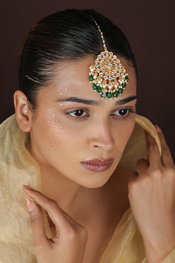 Gold Plated Emerald Green Jadtar Drop Maangtikka by Riana Jewellery at Pernia's Pop Up Shop