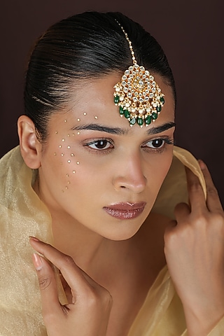 Gold Plated Emerald Green Jadtar Drop Maangtikka by Riana Jewellery
