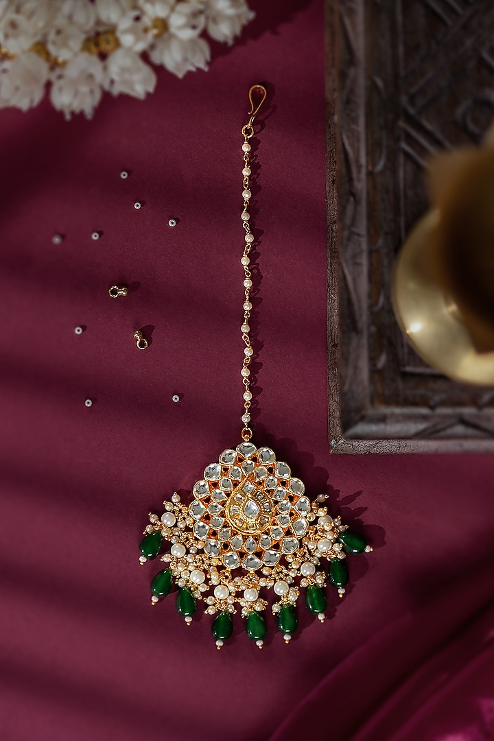 Gold Plated Emerald Green Jadtar Drop Maangtikka by Riana Jewellery at Pernia's Pop Up Shop