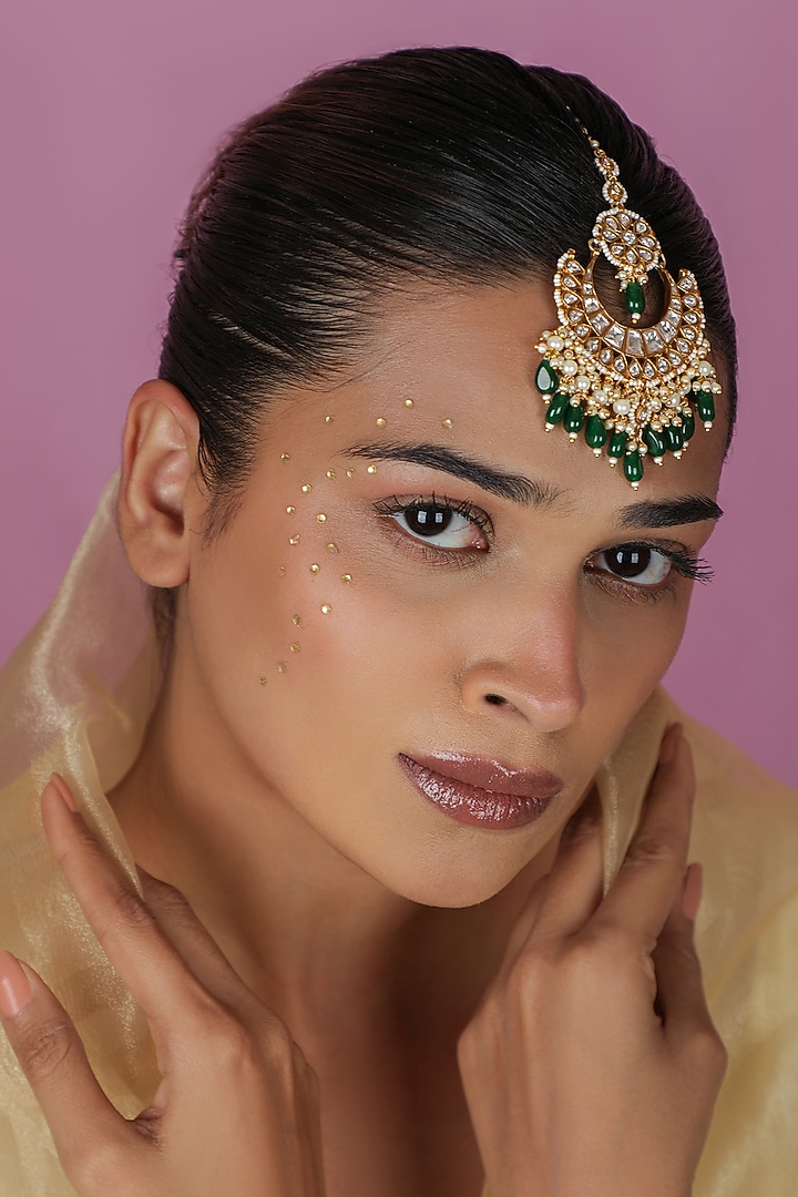 Gold Plated Emerald Green Jadtar Drop Maangtikka by Riana Jewellery at Pernia's Pop Up Shop