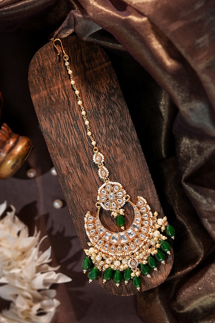Gold Plated Emerald Green Jadtar Drop Maangtikka by Riana Jewellery at Pernia's Pop Up Shop
