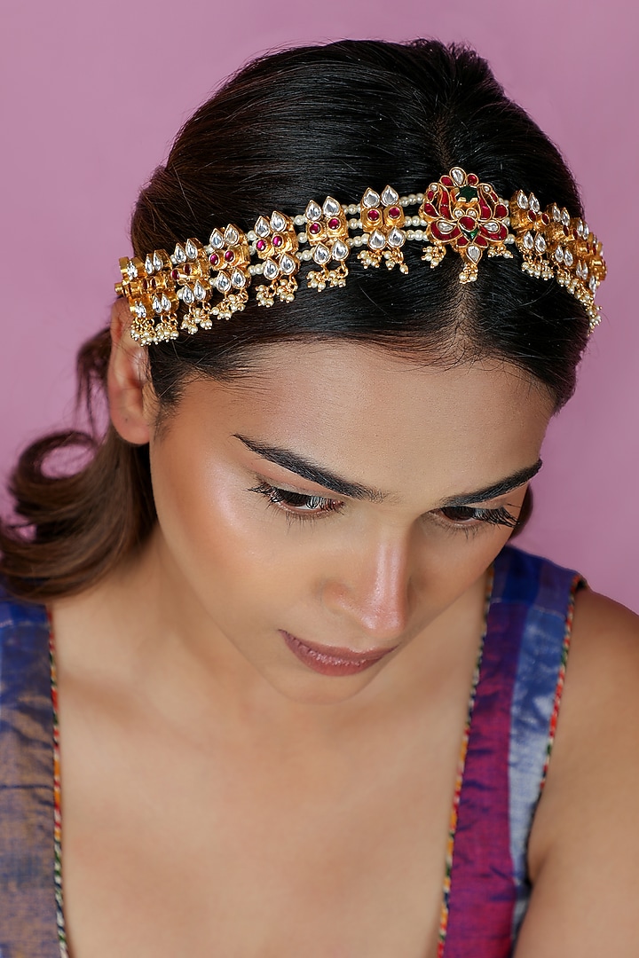 Gold Plated Pink & White Pearl Hairband by Riana Jewellery at Pernia's Pop Up Shop