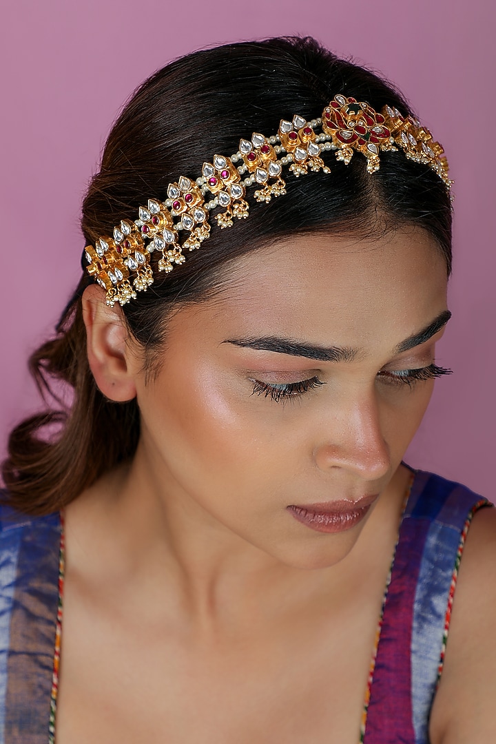 Gold Plated Pink & White Pearl Hairband by Riana Jewellery at Pernia's Pop Up Shop