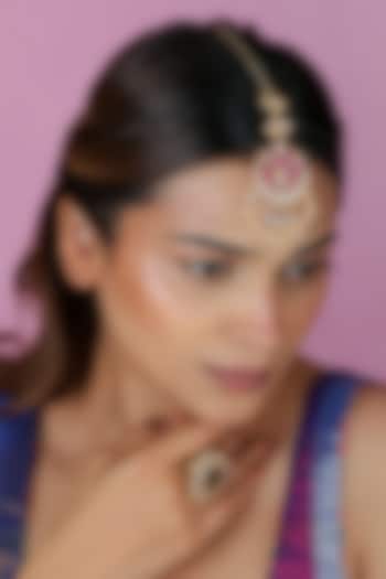 Gold Plated Ruby Pink Kundan Polki & Pearl Maangtikka by Riana Jewellery at Pernia's Pop Up Shop