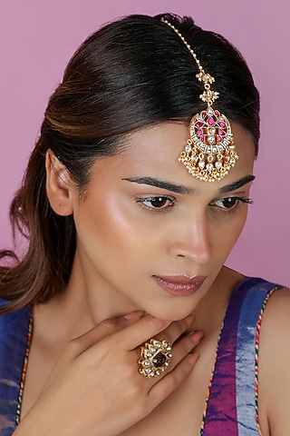 Gold Plated Ruby Pink Kundan Polki & Pearl Maangtikka by Riana Jewellery