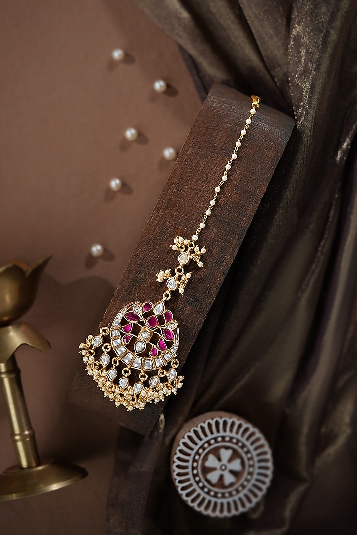 Gold Plated Ruby Pink Kundan Polki & Pearl Maangtikka by Riana Jewellery at Pernia's Pop Up Shop