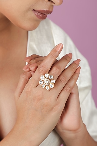Gold Plated Uncut Moissanite Stone Floral Ring by Riana Jewellery