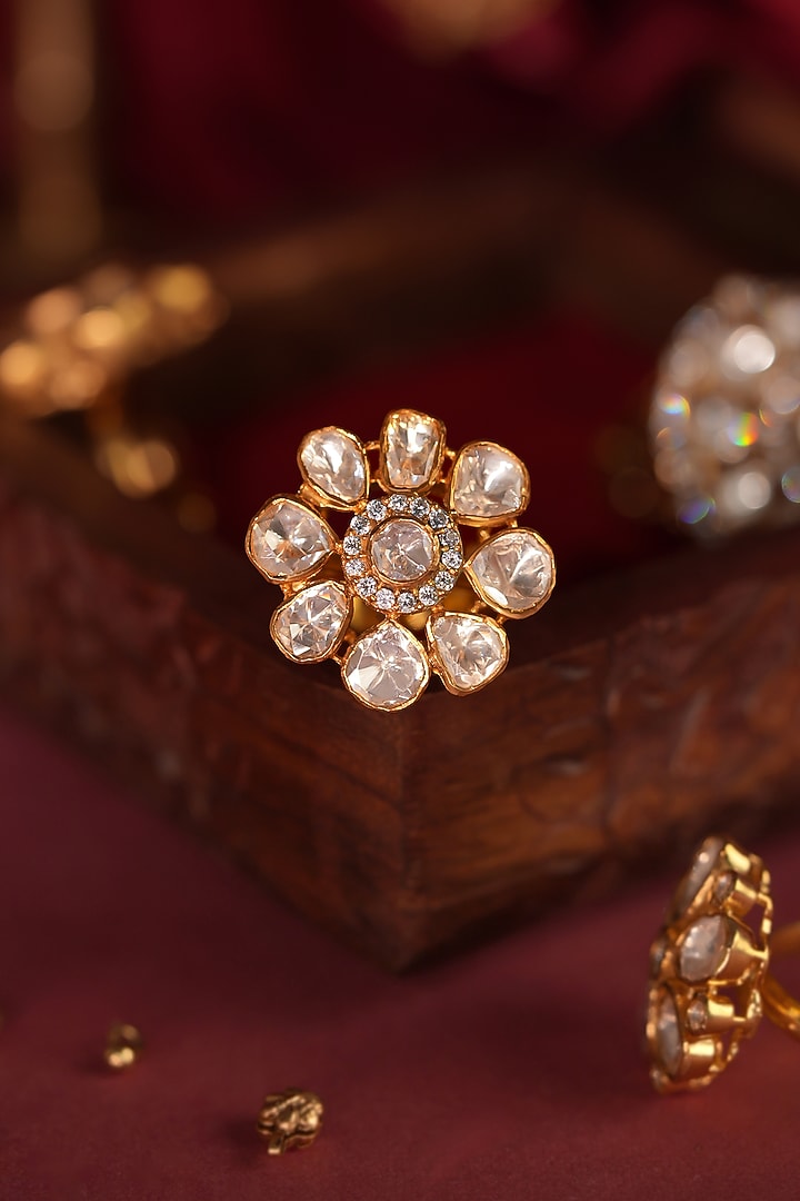 Gold Plated Uncut Moissanite Stone Floral Ring by Riana Jewellery at Pernia's Pop Up Shop