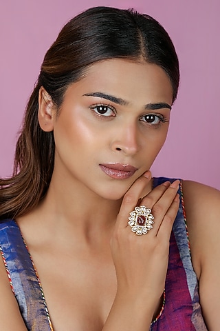 Gold Plated Carved Jadtar Stone Floral Ring by Riana Jewellery