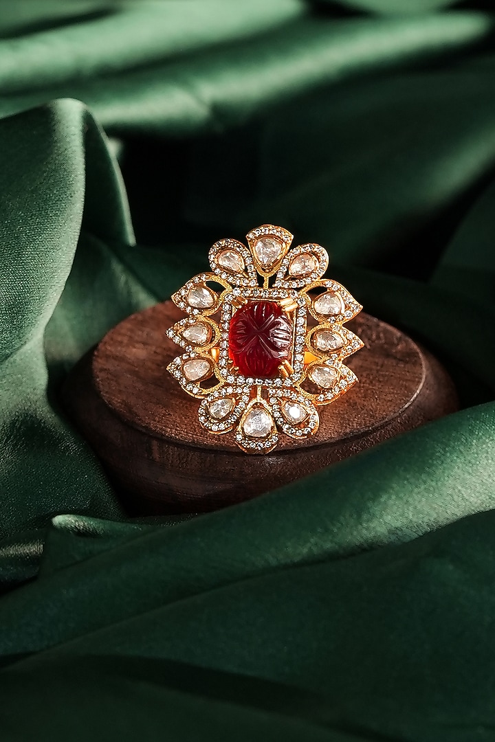 Gold Plated Carved Jadtar Stone Floral Ring by Riana Jewellery at Pernia's Pop Up Shop