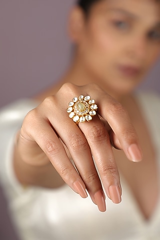 Gold Plated Sea Green Jade Stone Floral Ring by Riana Jewellery