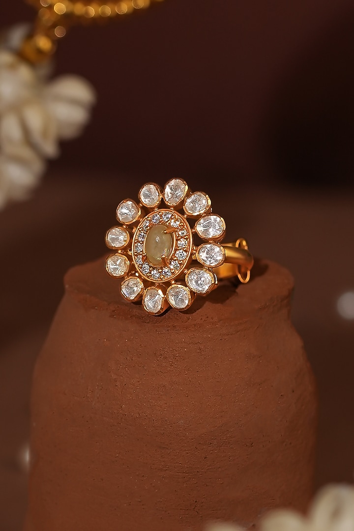 Gold Plated Sea Green Jade Stone Floral Ring by Riana Jewellery at Pernia's Pop Up Shop