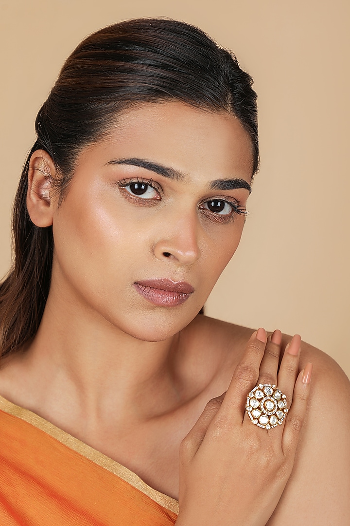 Gold Plated Moissanite Polki Adjustable Ring by Riana Jewellery at Pernia's Pop Up Shop