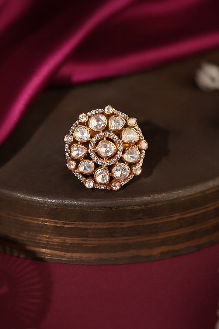 Gold Plated Moissanite Polki Adjustable Ring by Riana Jewellery at Pernia's Pop Up Shop