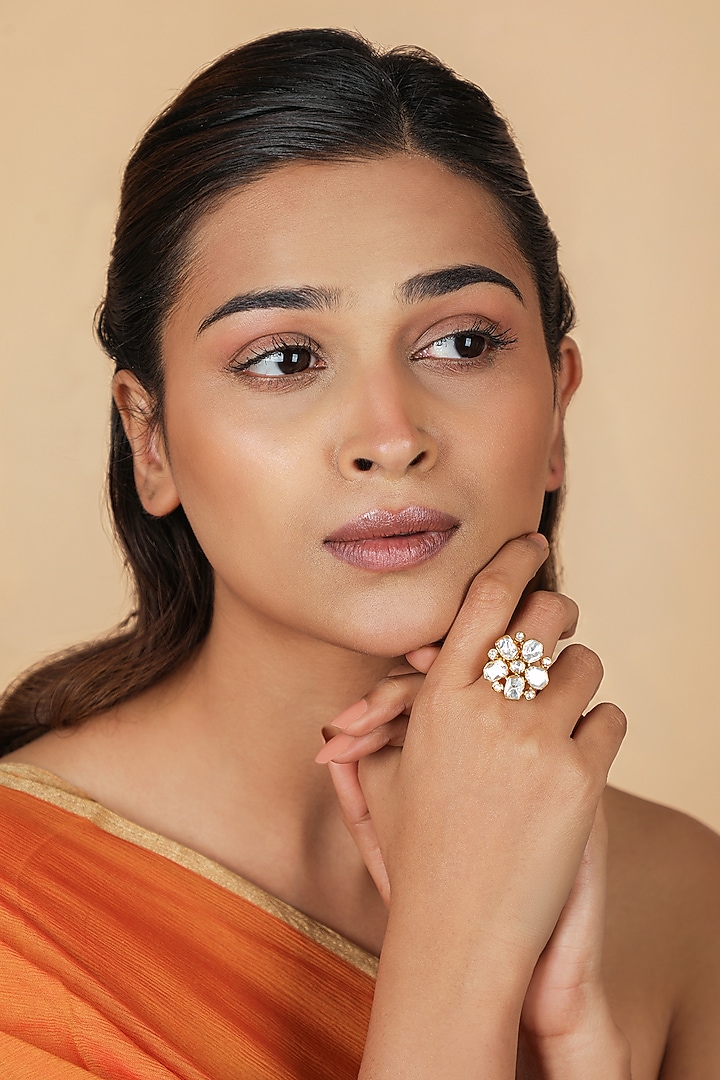 Gold Plated Moissanite Polki Floral Ring by Riana Jewellery at Pernia's Pop Up Shop