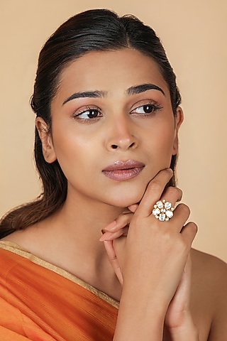 Gold Plated Moissanite Polki Floral Ring by Riana Jewellery