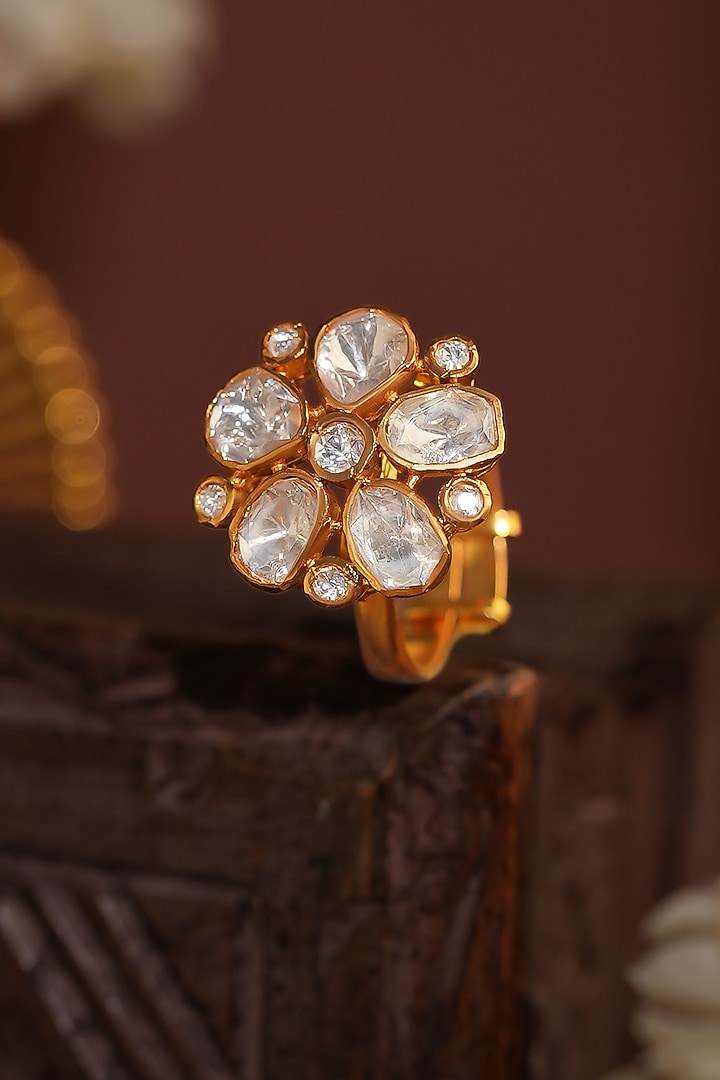 Gold Plated Moissanite Polki Floral Ring by Riana Jewellery at Pernia's Pop Up Shop
