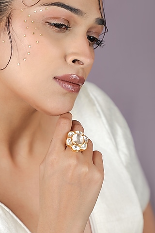 Gold Plated Moissanite Polki Floral Ring by Riana Jewellery