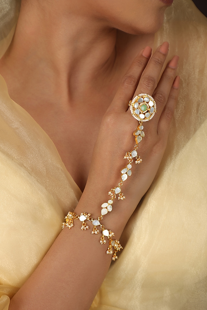 Gold Plated Mother Of Pearl & Pearl Beaded Haathphool (Set Of 2) by Riana Jewellery at Pernia's Pop Up Shop