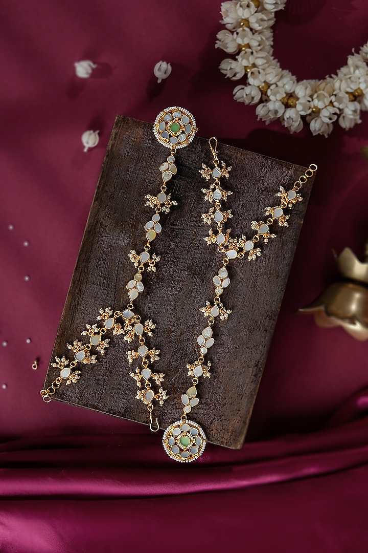 Gold Plated Mother Of Pearl & Pearl Beaded Haathphool (Set Of 2) by Riana Jewellery at Pernia's Pop Up Shop