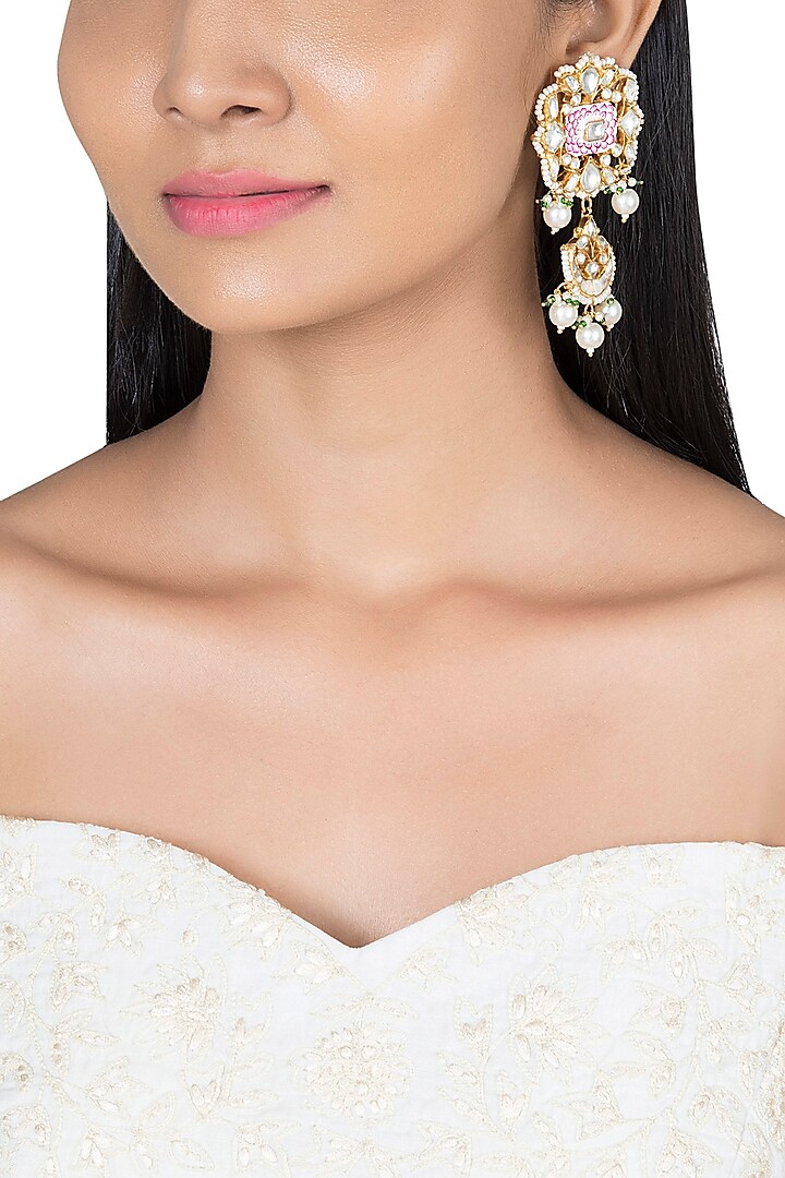 Gold Plated Faux Pearl Meenakari Earrings by Riana Jewellery