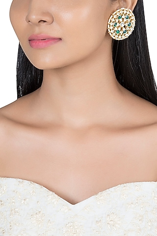 Gold Plated Faux Pearl & Stone Stud Earrings by Riana Jewellery
