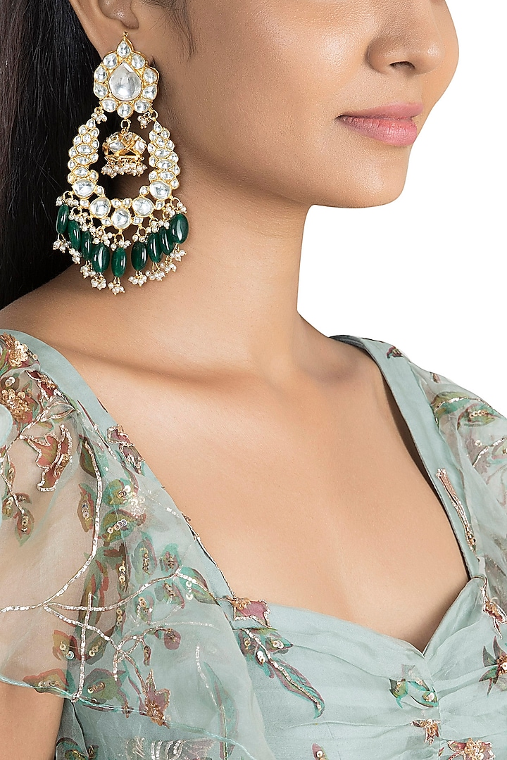 Gold Plated Green Bead Drop & Small Jhumki Earrings by Riana Jewellery