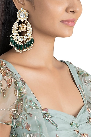 Gold Plated Green Bead Drop & Small Jhumki Earrings by Riana Jewellery