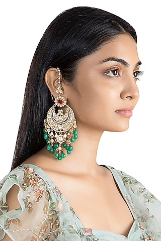 Gold Plated Faux Pearl, Stone & Bead Chandbali Earrings by Riana Jewellery
