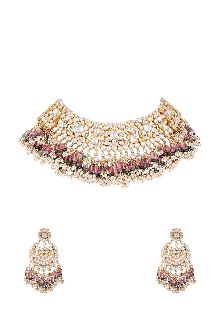 Gold Plated Faux Pearl, Bead & Stone Necklace Set by Riana Jewellery at Pernia's Pop Up Shop