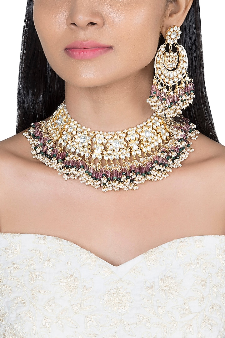 Gold Plated Faux Pearl, Bead & Stone Necklace Set by Riana Jewellery